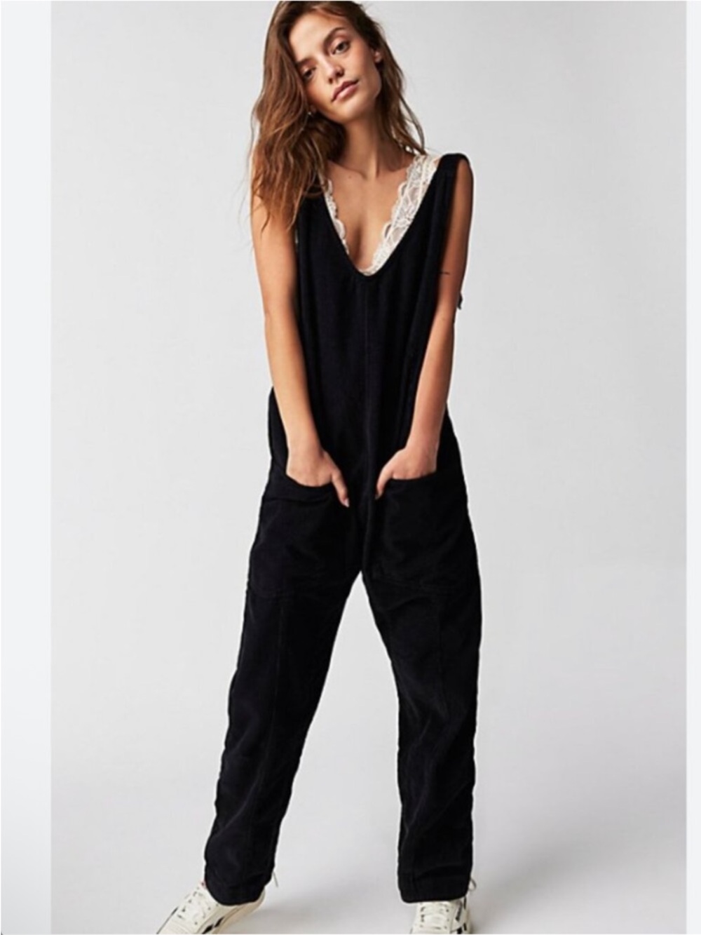 We The Free People High Roller Overalls Women Small Black Corduroy Jumpsuit